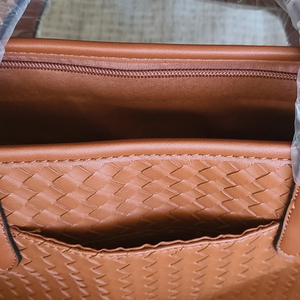 Cute Large Tote & Accessories- Brown/Bordeaux Woven look Canvas Tote+ - Picture 5 of 8